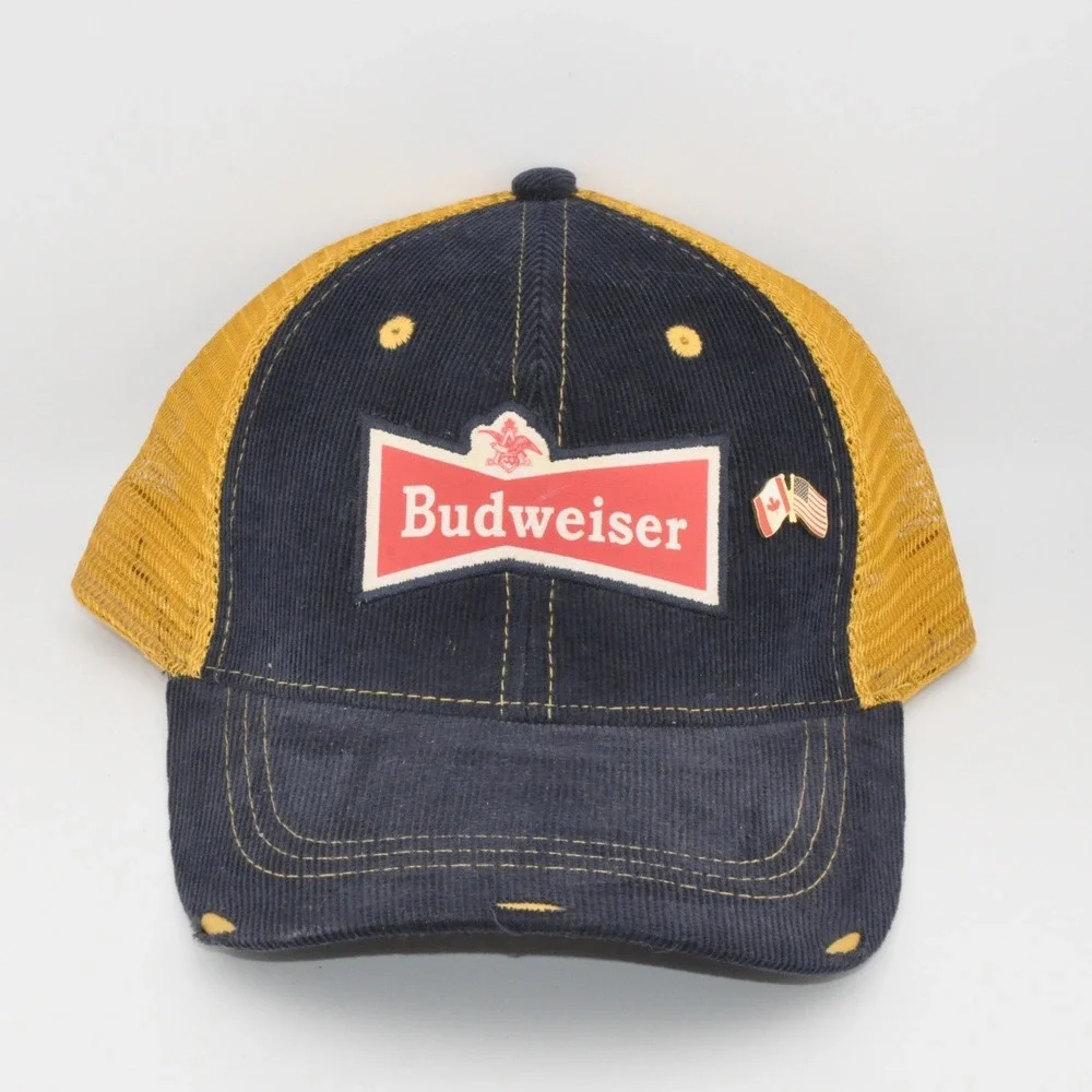 Budweiser Trucker Hat Navy Yellow Excellent Corduroy Mesh Snapback‎ Logo Patch